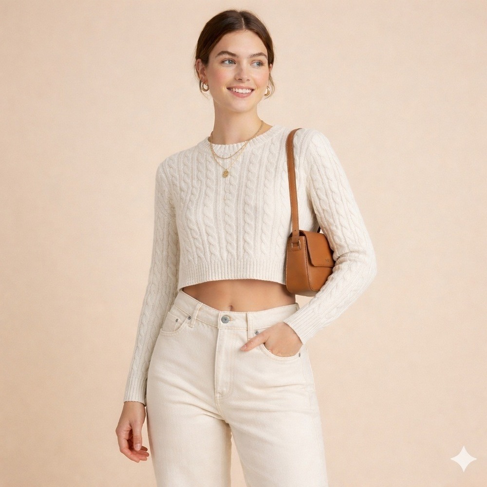 Bohme Sweater Small Cream Cable Knit Cropped Crew Neck Apres Ski Cozy Trendy
